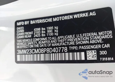 2023 BMW 230 I z USA, uszkodzony, nr VIN 3MW23CM08P8D40778